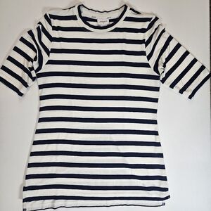 Jofit Womens Top Small White Blue‎ Nautical Stripe 3/4 Sleeve Preppy Activewear